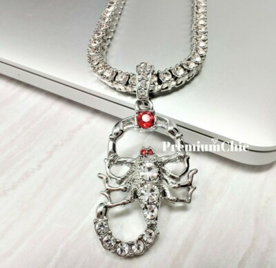 Simulated Ruby SCORPION Pendant Plated CZ Necklace with Tennis or Rope  Chain