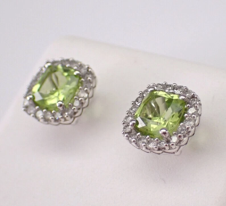 2.00Ct Cushion Cut Lab-Created Green Peridot Stud Earrings 14K White Gold Plated - Image 3 of 4