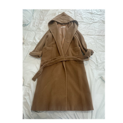 Max Mara Beige Wool Hooded Belted Wrap Coat Long Sleeve Long Size 6