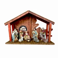 Vintage 10 Piece Nativity Set With Wooden Manger Ceramic Figurines In Place