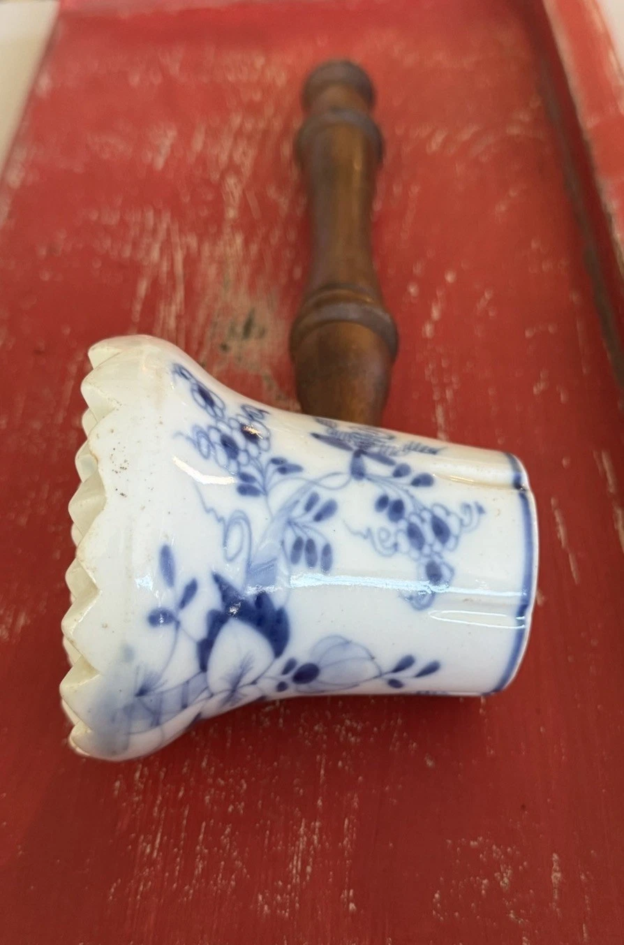 Antique Blue Onion Porcelain Meat Tenderizer Hammer Primitive Kitchen Tool