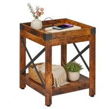 Farmhouse Side Table with Charging Station,2-Tier Rustic Brown With Outlets