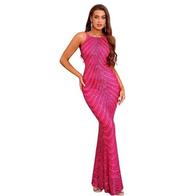 chinese dress ladies Double Straps Pink Sequin Mermaid Prom Dress with Folral – FancyVestido