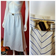 XS to S Vintage 1970's White Blue Pinstripe Midi Skirt Blue  Cream Enamel Belt
