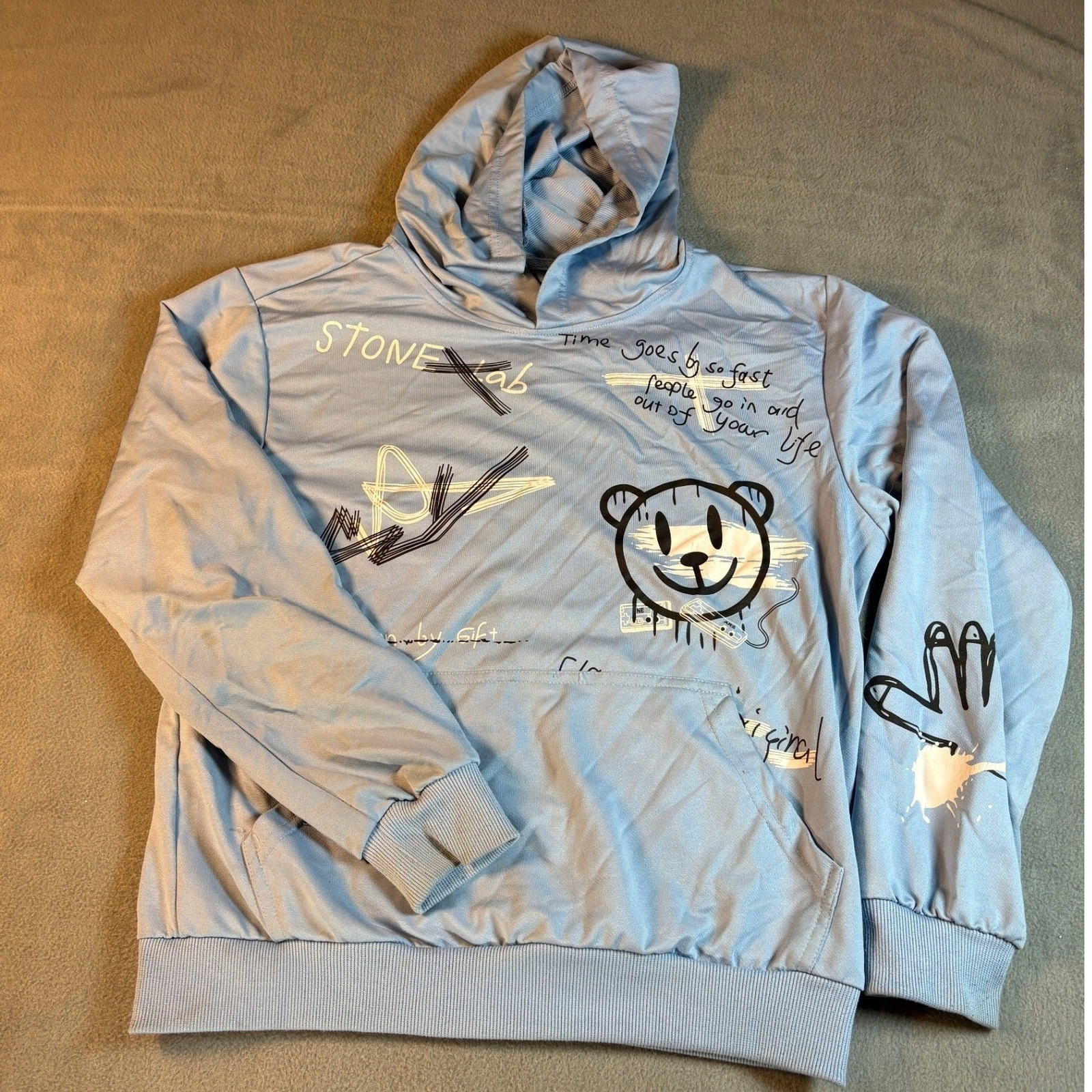 Stone Lab Light Blue Graffiti Bear Graphic Hoodie Sweatshirt Streetwear Mens L