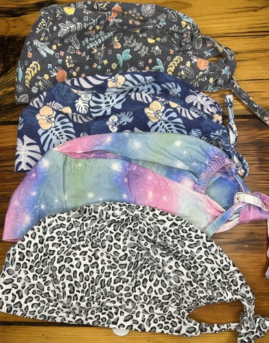 Surgical Dental Scrub Hats Lot 4 Pink Tie Dye Leopard Floral Cotton Caps