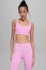 Alo Women  s Pink/White Trim 2-Piece Leggings  Sports Bra Set Stretch Size M