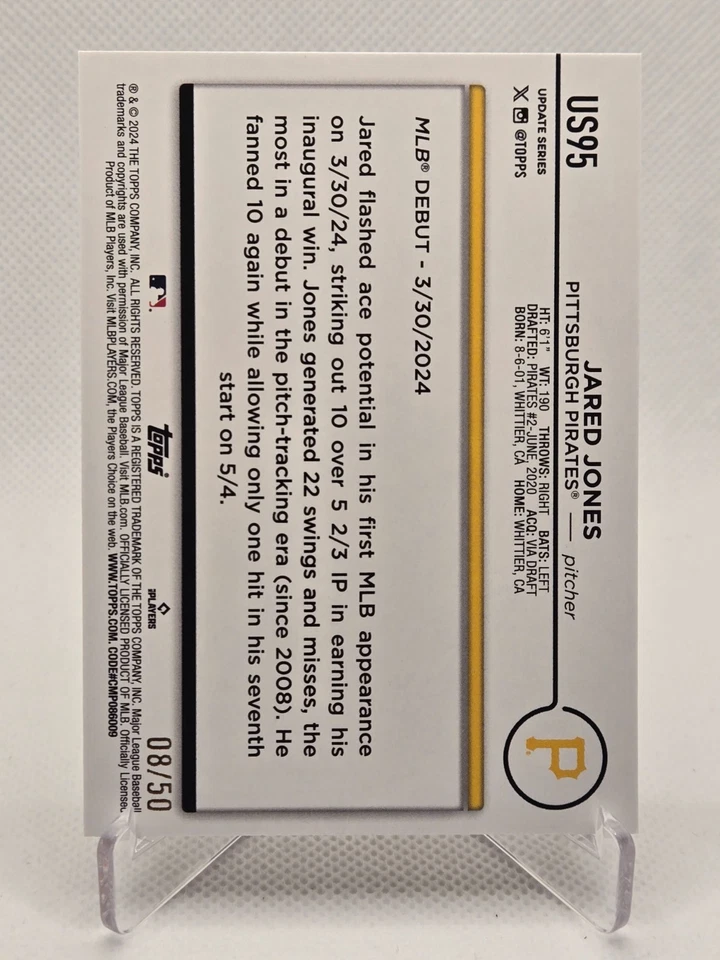 2024 Topps Update Mothers Day Pink Jared Jones RC /50 Pirates #US95 - Image 2 of 2