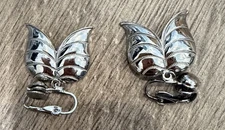 Vintage Silver Tone Leaf Tulip Clip-On Earrings Retro Statement Jewelry