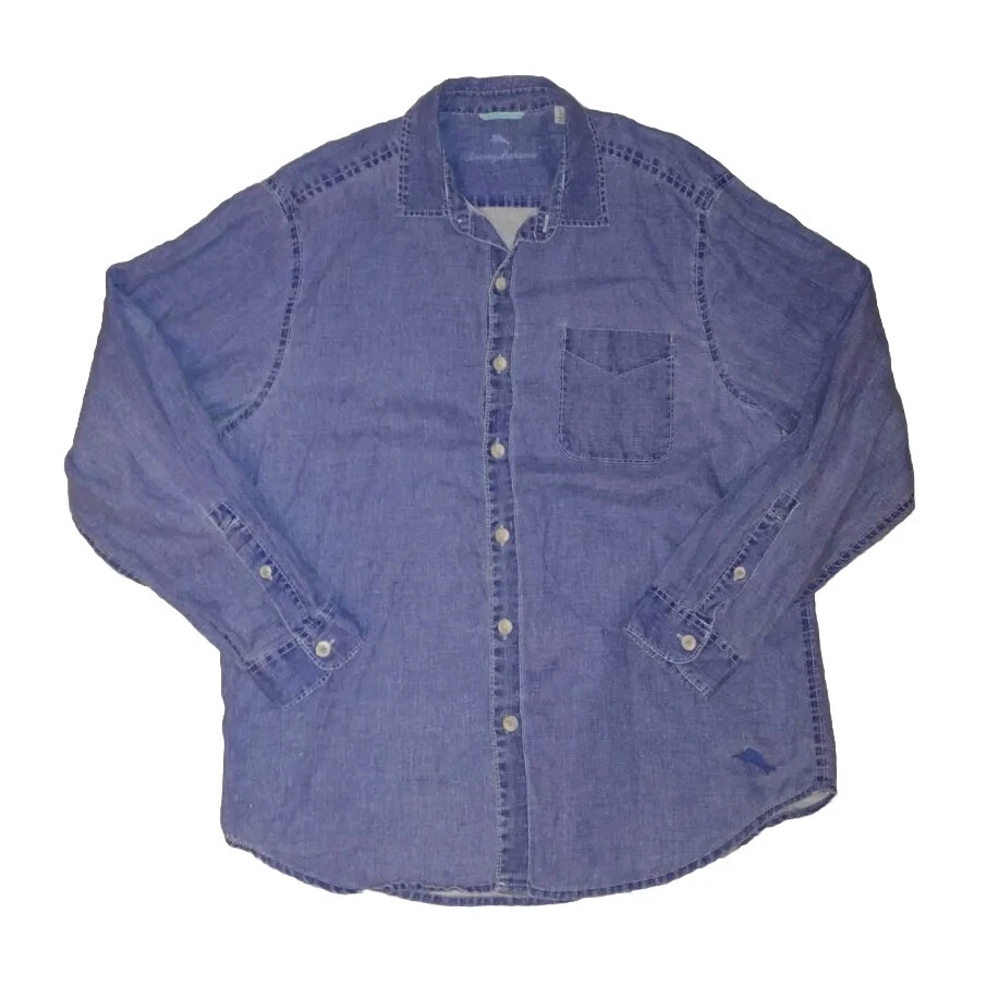 Tommy Bahama Men's Button Up Relax Fit Linen Shirt LG Blue Long Sleeve