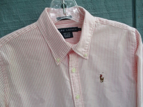 Ralph Lauren para mujer, talla 2, 100 % algodón, rosa a rayas, manga larga frontal con botones - Imagen 8 de 12