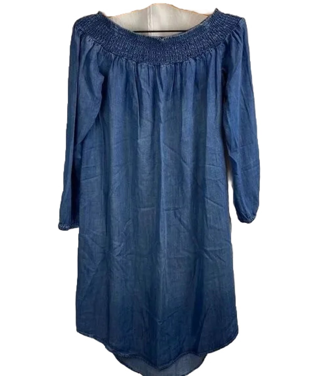 white christmas dresses Pascale Off Shoulder Denim Mini Dress - Washed Dark Blue main image 1