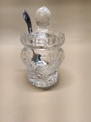 Crystal Cut Glass Sugar Bowl / Jelly Jar with Lid Notch Slot