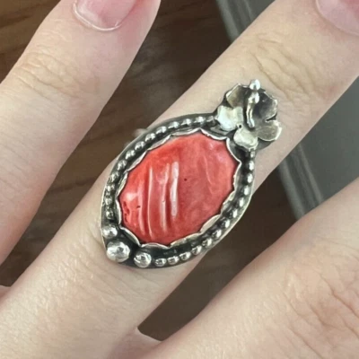 Anillo de plata esterlina ostra espinosa roja ~7 joyería artística artesanal hecha a mano de estudio 925 Foto 1 de 4