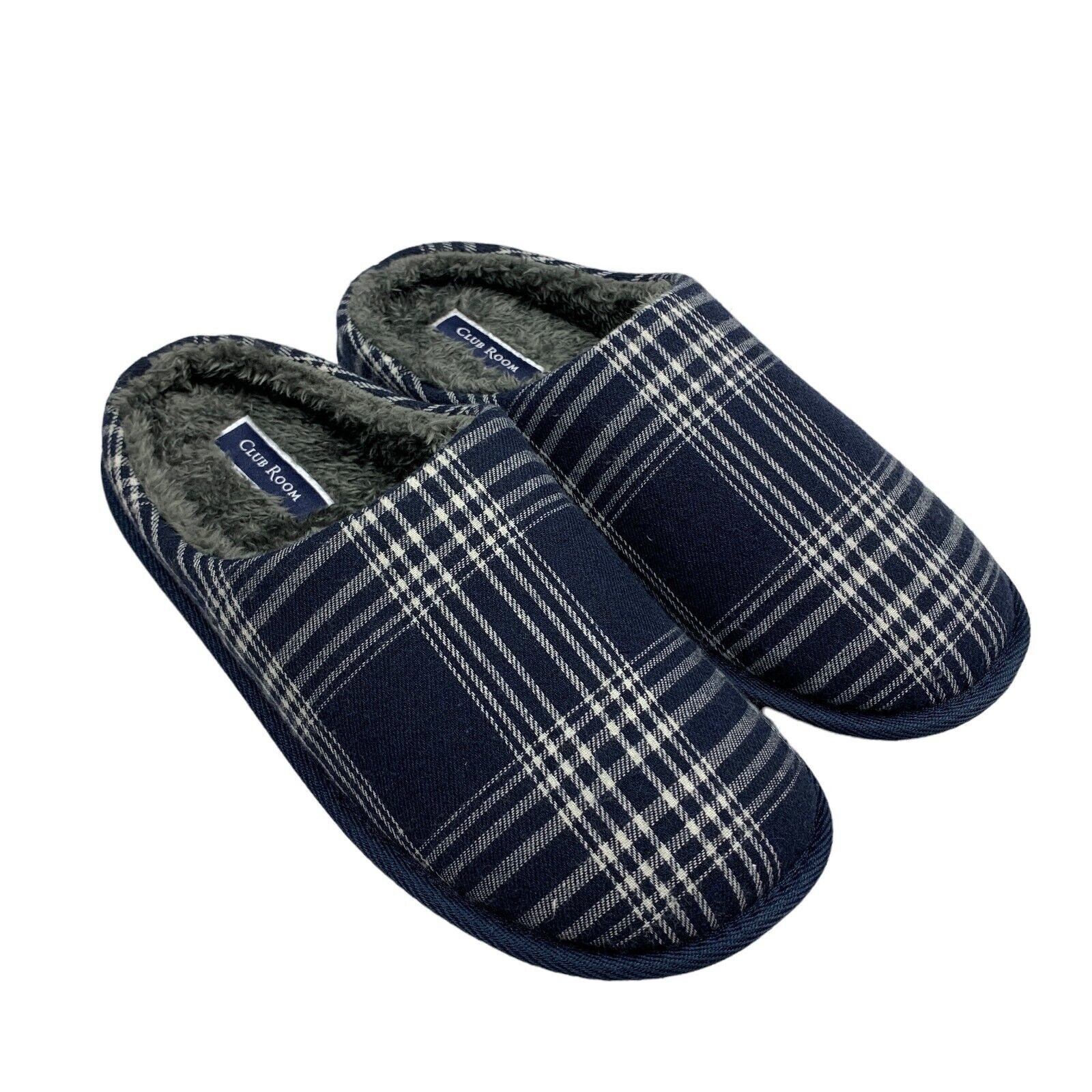 Club Room Mens Plaid Fleece Lined Slip-On Slippers Navy Blue Sz Sm 6-7 4290₽