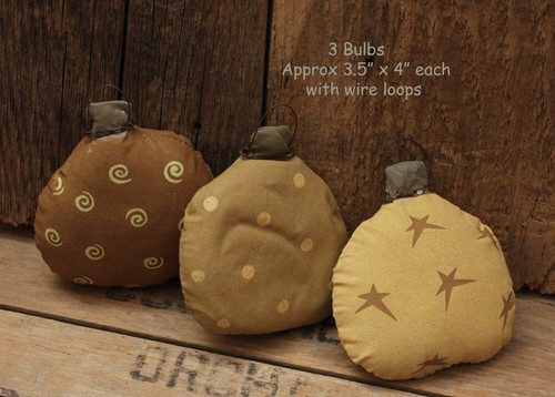 Set of 3 Primitive Fabric Christmas Bulb Ornaments with wire Loop Hanger - Picture 2 of 2
