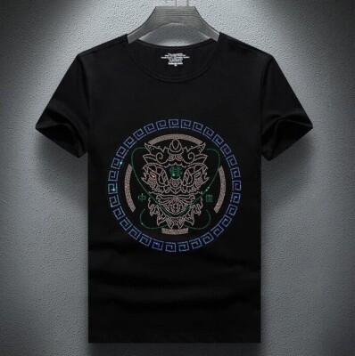 Men Luxury Diamond Rhinestones Fashion Black T-Shirt High Quality