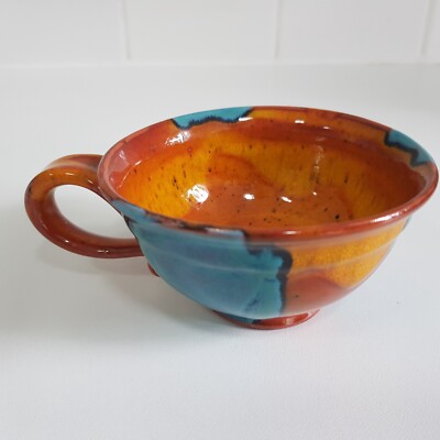 Studio Art Pottery Keramik Kaffee Tee Becher Blau Bernstein Glasur Handarbeit 10cm