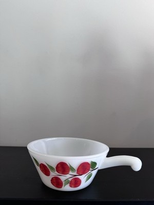 Vtg Anchor Hocking Fire King White Milk Glass w/ Cherries Soup Bowl 5'' w/ Handle