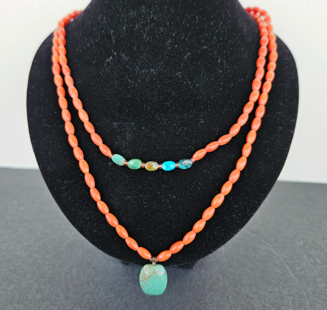 Vintage Natural Undyed Red Coral & Turquoise Bead Necklace Sterling Silver Clasp