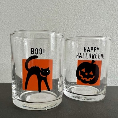 Vintage Set Of  2 Libbey Glass Halloween Tealight Candleholders Orange Black Cat