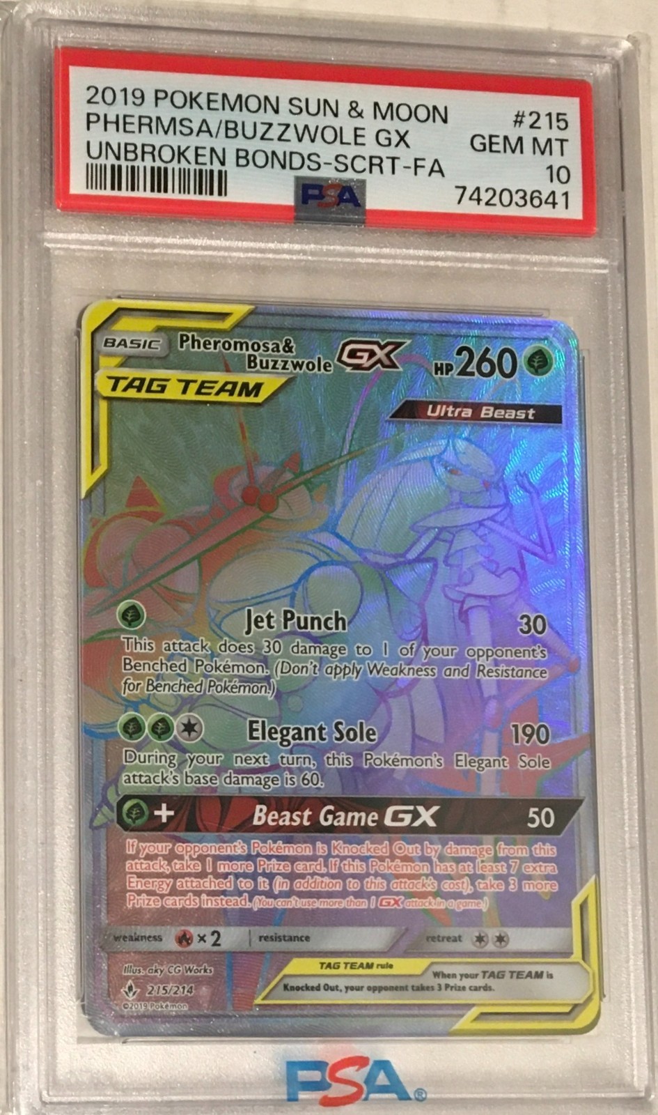 2019 Pokemon Unbroken Bonds PSA 10 Pheromosa & Buzzwole GX Secret Rare #215