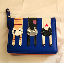 Cat Print Zip Wallet w/ Credit Card Slots  Zippered Coin Pocket, Blue