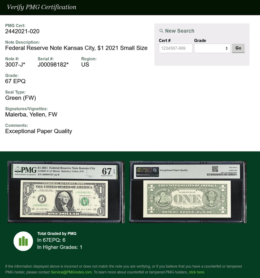 2021 $1 KANSAS CITY STAR NOTE PMG 67 EPQ Low Pop (6/1) 500K Print Run Fr 3007-J* - Image 3 of 3