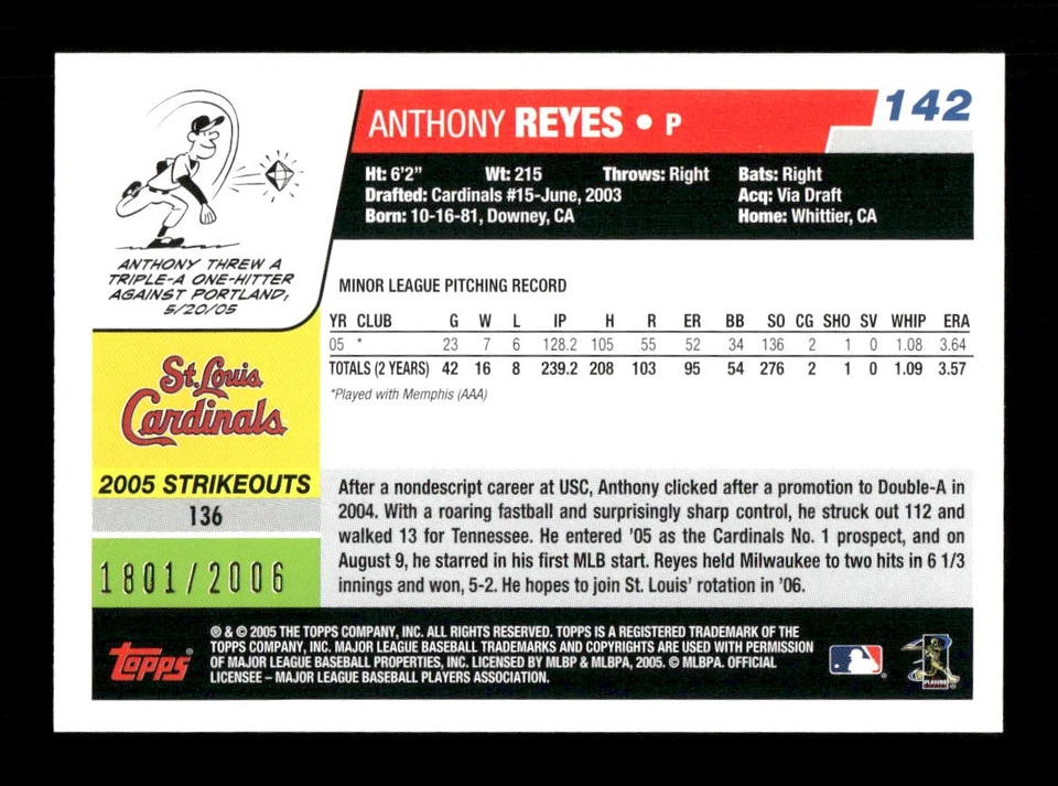 2006 Topps Opening Day #142 Anthony Reyes #/2006 St. Louis Cardinals Red Foil - Image 2 of 2
