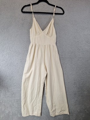 Japna Jumpsuit Women Small Beige Linen Blend Natural Boho Chic Tie Back Culottes