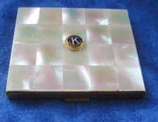 Mother of Pearl Compact Kiwanis Emblem  Gold Tone Marhill Label Unused Vintage