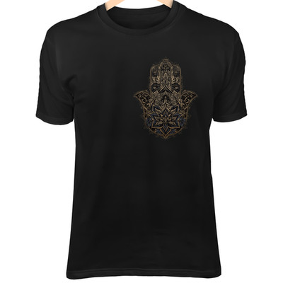 Gold Hamsa Hand - Floral Mandala Line Tattoo Art on Black Background II