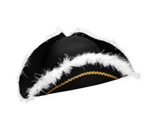 Black Tricorn Hat White Faux Feathers Brim Cavalier Colonial Pirate Costume