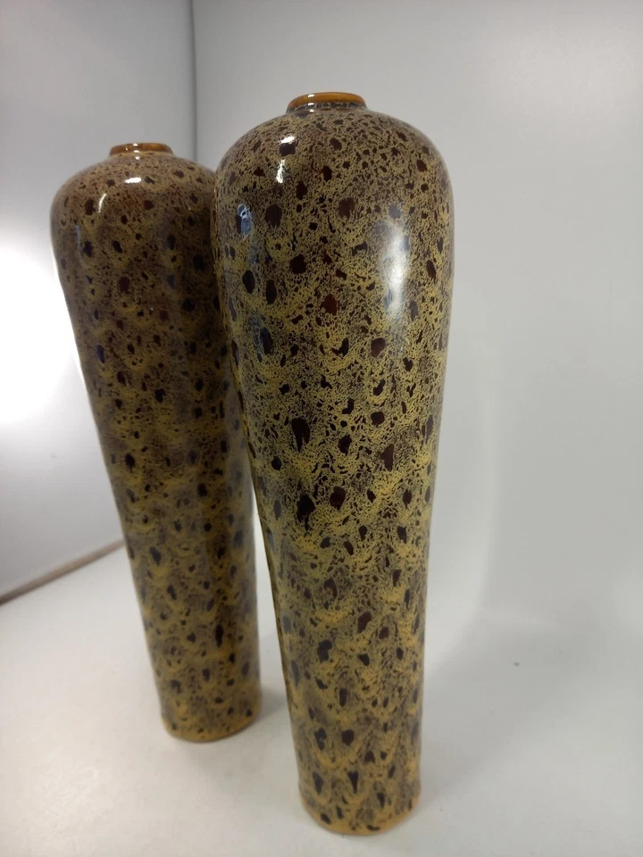 Studio Pottery Vases Brown Beige Speckled Set of 2 Vintage 12.5" Tall Ex Con  - Image 4 of 4
