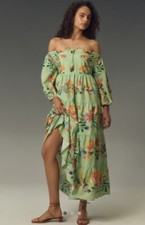 NWT Farm Rio X Anthropologie Green Off Shoulder Tiered Floral Midi Maxi Dress XS