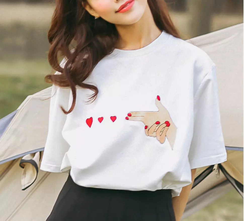 Woman Girls Summer Fashion Korean Tops Short Sleeve Heart Print T-shirt  Base Tee