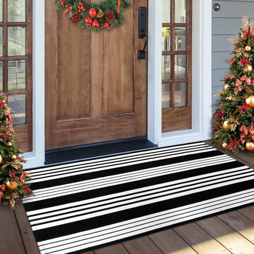 Hand-Woven Black and White Striped Cotton Rug 2x4 for Indoor/Outdoor ...