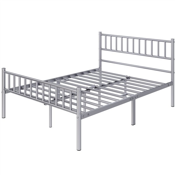 Double Iron Bed frame with Heafboard and Footboard Bed Platform Silver