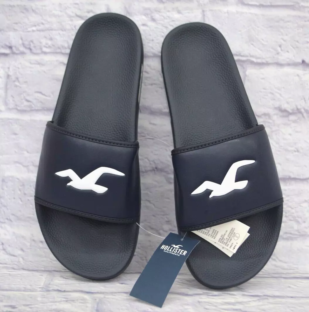 HOLLISTER MEN'S NAVY BLUE WHITE SLIDES SANDALS LOGO DISCONTINUED SLIDE XL  12 -13