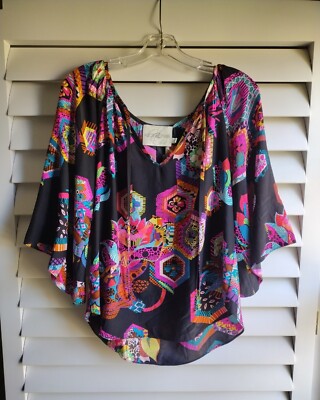 Alice & Trixie Psychedelic Neon Hexagon Floral Angel Sleeve Silk Top X-Small