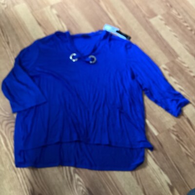 NWT Tahari Bright Blue Caged Neck 3/4 Sleeve Hi~Lo Tunic Size 3X