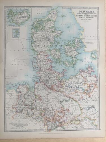 1908 Denmark Original Antique Map by Johnston 112 Years Old - Afbeelding 1 van 4