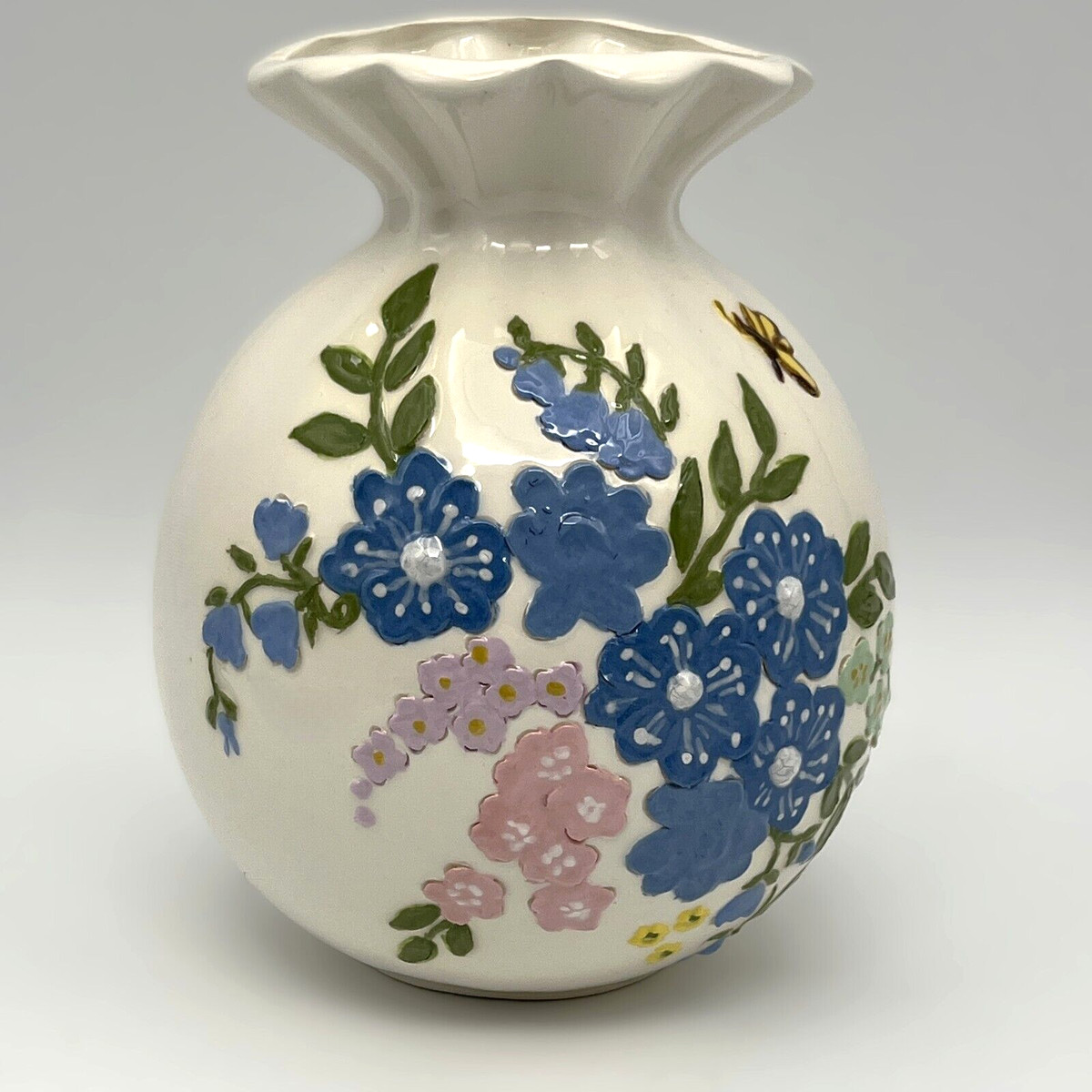 Vintage Ceramic Vase Hand Painted Raised Multicolored Flowers Fluted Opening View 2