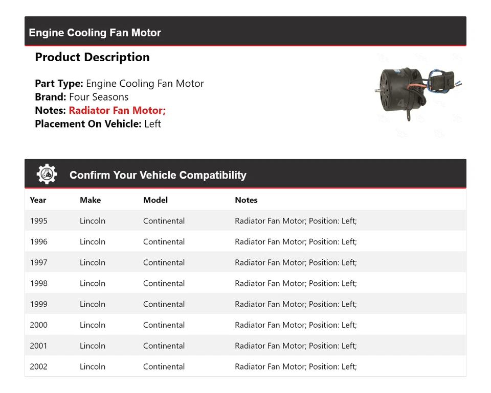 Левый двигатель вентилятора охлаждения двигателя для Lincoln Continental 1995-2002 годов выпуска 4 сезона 1996 - Изображение 2 из 4