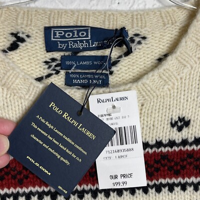 NWT Vtg 90s Polo Ralph Lauren Sweater Hand Knit 100% Lambs Wool