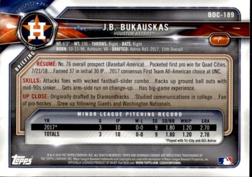 Tarjeta base Bowman Draft 2018 cromada BDC-189 J.B. BUKAUSKAS ASTROS - Imagen 2 de 2