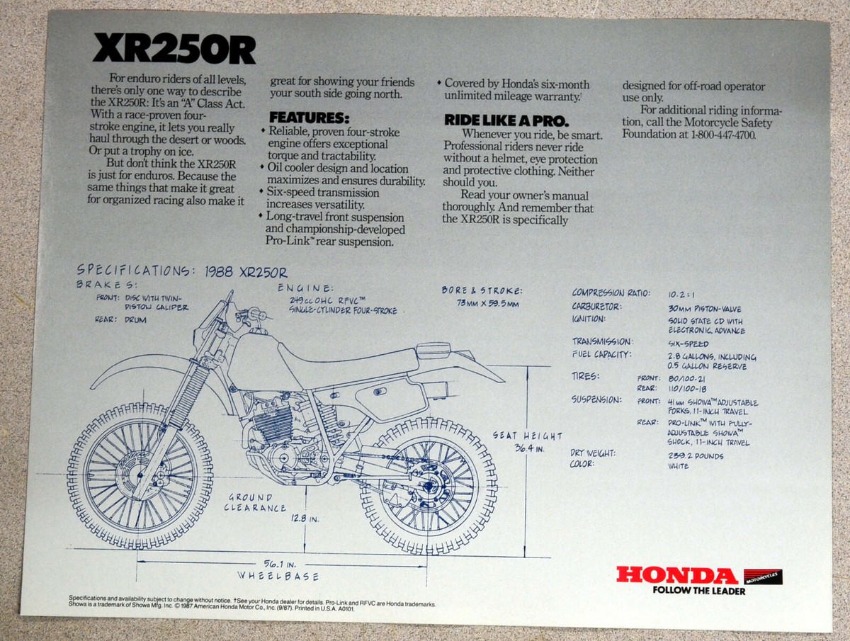 Original Honda 1988 XR250R dealership sales brochure 1 page | eBay