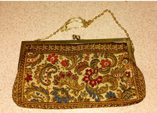 Vintage 1960s Floral Tapestry Evening Bag Kiss Lock Gold Chain Purse Hong Kong