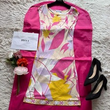 Emilio Pucci Dress Womens M Beige Floral French Sleeve Knee Length Flare