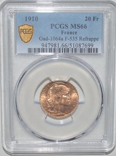 20 Francs Or Marianne & Coq 1910 PCGS MS 66